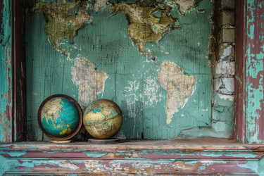 Two globes are resting on a shelf in front of a world map painted on a distressed green wall, evoking a sense of nostalgia and wanderlust - yliv