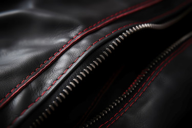 Leather red zipper. Fashionable and metallic buckle with bright lines. Generate AI - yliv