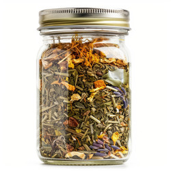 Glass jar filled with dried herbs and flowers for herbal tea preparation - yliv