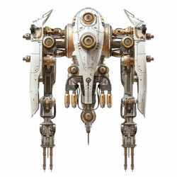 Futuristic mining robot standing still on a white background, with large arms and multiple cameras - yliv