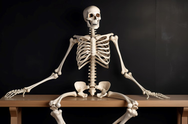 Skeleton of man sitting on bench on black background. Study of human structure, anatomy at medical University. Generate Ai - yliv