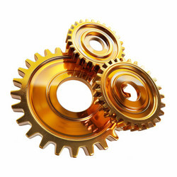 Three shiny gold gears interlocking working together - yliv