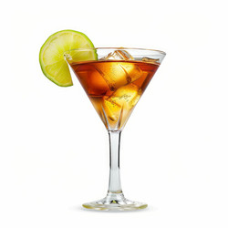 Studio shot of a cocktail glass filled with amber liquid, ice cubes, and a lime wedge - yliv