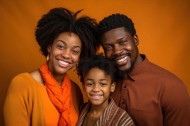 Happy family smiling together on orange background - yliv