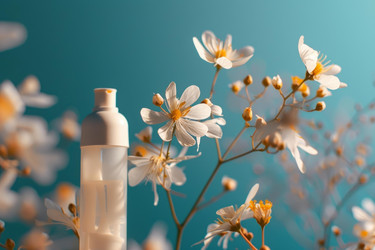 White cosmetic bottle standing next to beautiful white flowers on blue background - yliv