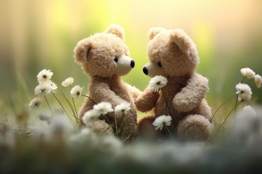 Two adorable teddy bears are enjoying a romantic moment in a field of flowers, holding hands and smelling the blossoms - yliv