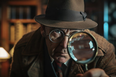 Detective wearing a brown hat and round eyeglasses is examining something using a magnifying glass - yliv