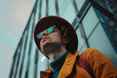 Stylish man wearing hat and sunglasses looking up at modern building - yliv