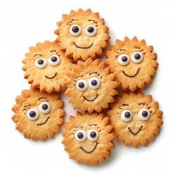 Seven funny smiling cookies with sugar glaze are lying on white background - yliv