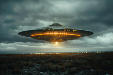 Большой инопланетный космический корабль, парящий над пустым полем ночью во время ливня - yliv