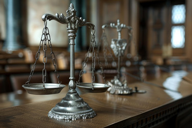 Серебряные весы правосудия, стоящие на деревянном столе, символизирующем закон, правосудие и порядок - yliv