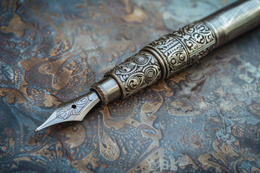 Elegant fountain pen with engraved silver body is lying on a patterned metallic surface - yliv