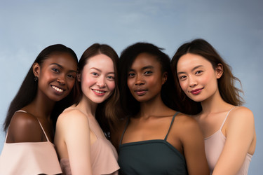 Four diverse young women smiling together on blue background - yliv