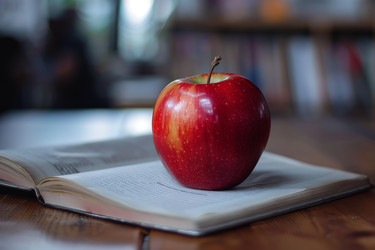 Красное яблоко лежит на верхней части открытую книгу в библиотеке - yliv