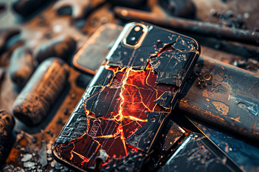 крупным планом видна груда поврежденных смартфонов с треснувшими литиевыми батареями, внутри которых виден расплавленный металл и огонь - yliv