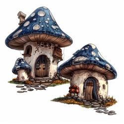 Whimsical mushroom houses featuring blue caps, stone walls, wooden doors, and cobblestone paths, creating a charming fairy tale scene - yliv