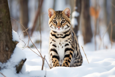 Кошка Саванна наслаждается заснеженным лесным пейзажем, демонстрируя свою красивую шерсть и завораживающий взгляд - yliv