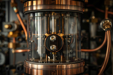 Close up of a scientific device with copper and glass components showing fine detail of the internal mechanism - yliv