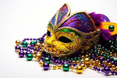 Colorful mardi gras mask resting on beads on white background - yliv