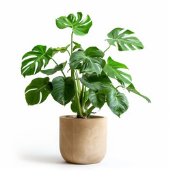 Lush monstera deliciosa growing in a modern pot on white background - yliv