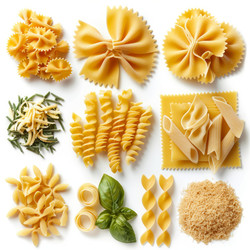 Variety of uncooked pasta, grated cheese, herbs and breadcrumbs displayed on white background - yliv