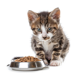 маленький котенок смотрит на миску с сухим кормом, выделенную на белом фоне - yliv