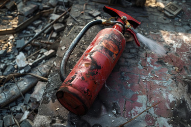Old damaged fire extinguisher is spraying on a destroyed floor after fire - yliv