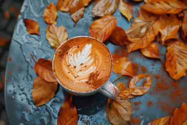 Steaming cappuccino decorated with cinnamon and autumn leaves on a rainy day - yliv