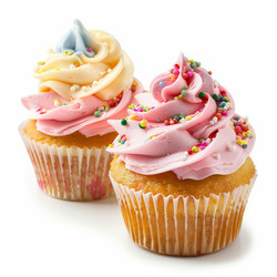 Two appetizing cupcakes with pink frosting and colorful sprinkles, creating a sweet and festive treat - yliv