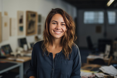 Portrait of a cheerful young creative professional smiling confidently in a modern office setting - yliv