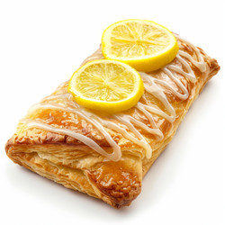 Delicious puff pastry dessert decorated with fresh lemon slices and icing - yliv