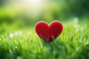 Red heart standing in green grass representing love, care, and eco friendly concepts - yliv