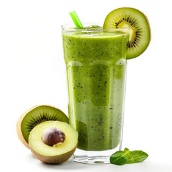 Green smoothie standing in a glass with kiwi and avocado on white background - yliv