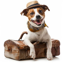 Happy jack russell terrier dog sitting on a suitcase and wearing a straw hat, ready for vacation - yliv