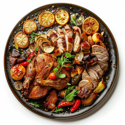 вкусная запеченная курица и мясные нарезки, подаваемые с запеченными овощами, специями и зеленью на круглом блюде, идеально подойдут для праздничного застолья - yliv