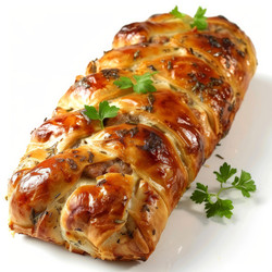 заплетенный мясной пирог, украшенный веточками петрушки и розмарина, запекается на белом фоне - yliv