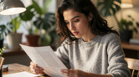 сосредоточенная женщина, читающая документ за письменным столом - Vvicca