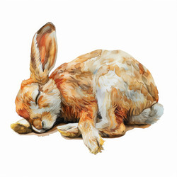 Watercolor painting of a brown hare sleeping peacefully, curled up on the ground - yliv