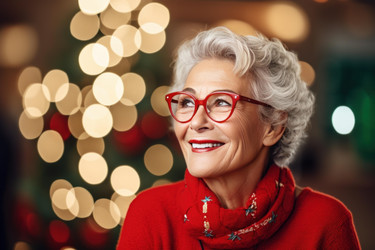 Senior woman wearing red smiling in front of christmas tree lights - yliv