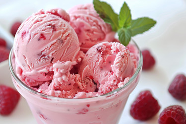 Raspberry ice cream decorated with fresh mint in glass cup - yliv