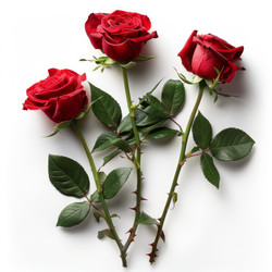 Three long stem red roses lying on white background - yliv