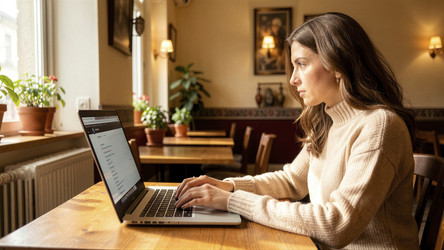 Woman working on laptop in cozy café - Vvicca