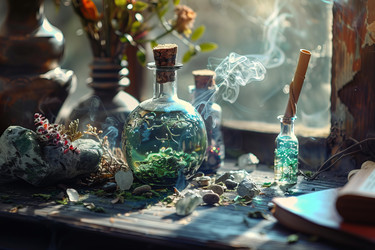стеклянные бутылки с курительным зельем, травами и ингредиентами для магического эксперимента на деревянном столе - yliv