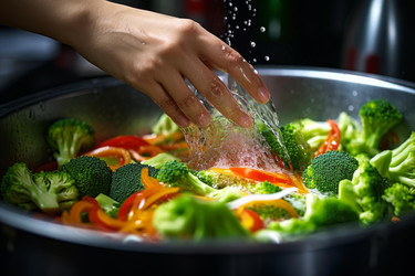 шеф-повар моет свежую брокколи, перец и лук в кухонной раковине, готовя ингредиенты для здорового питания - yliv
