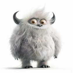 3D rendered hairy cartoon yeti monster character with big horns standing on two legs smiling - yliv