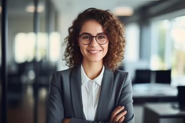 Confident businesswoman smiling while standing with crossed arms in modern office - yliv