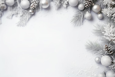 Silver christmas ornaments and snowy pine branches create a festive frame on a white background, offering a stylish backdrop for holiday greetings - yliv