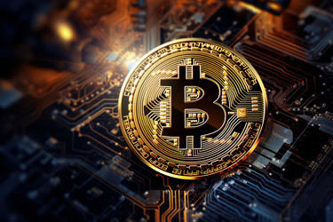 криптовалюта биткоин покоится на материнской плате компьютера, символизируя цифровую природу валюты - yliv