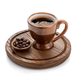 Wooden cup of coffee with coffee beans on wooden tray - yliv