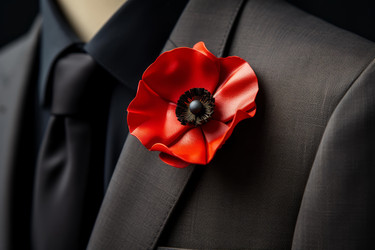 Red poppy flower symbolising armistice and peace pinned on elegant dark suit lapel, commemorating remembrance day - yliv